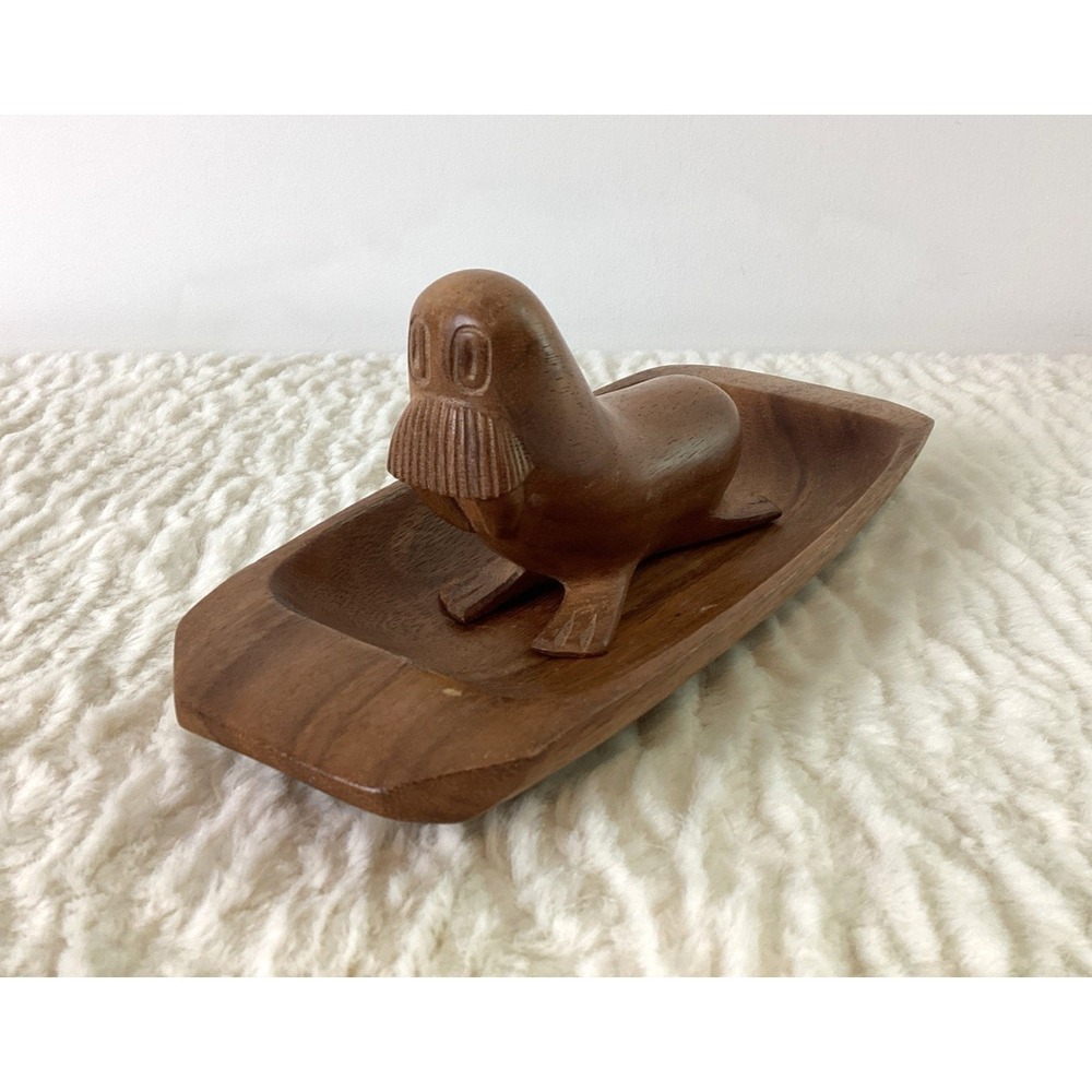 Set of 2 Wood Carved Pieces Walrus & Tray Figurines Sculpture Phillippines Art